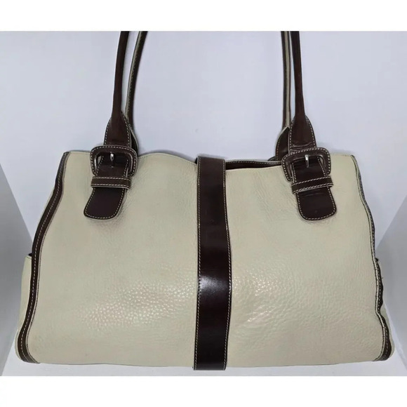 LEVENGER BRIEFCASE SHOULDER WORK TOTE BAG 3 COMPARTMENTS Creme/Tan LEATHER - Picture 4 of 14